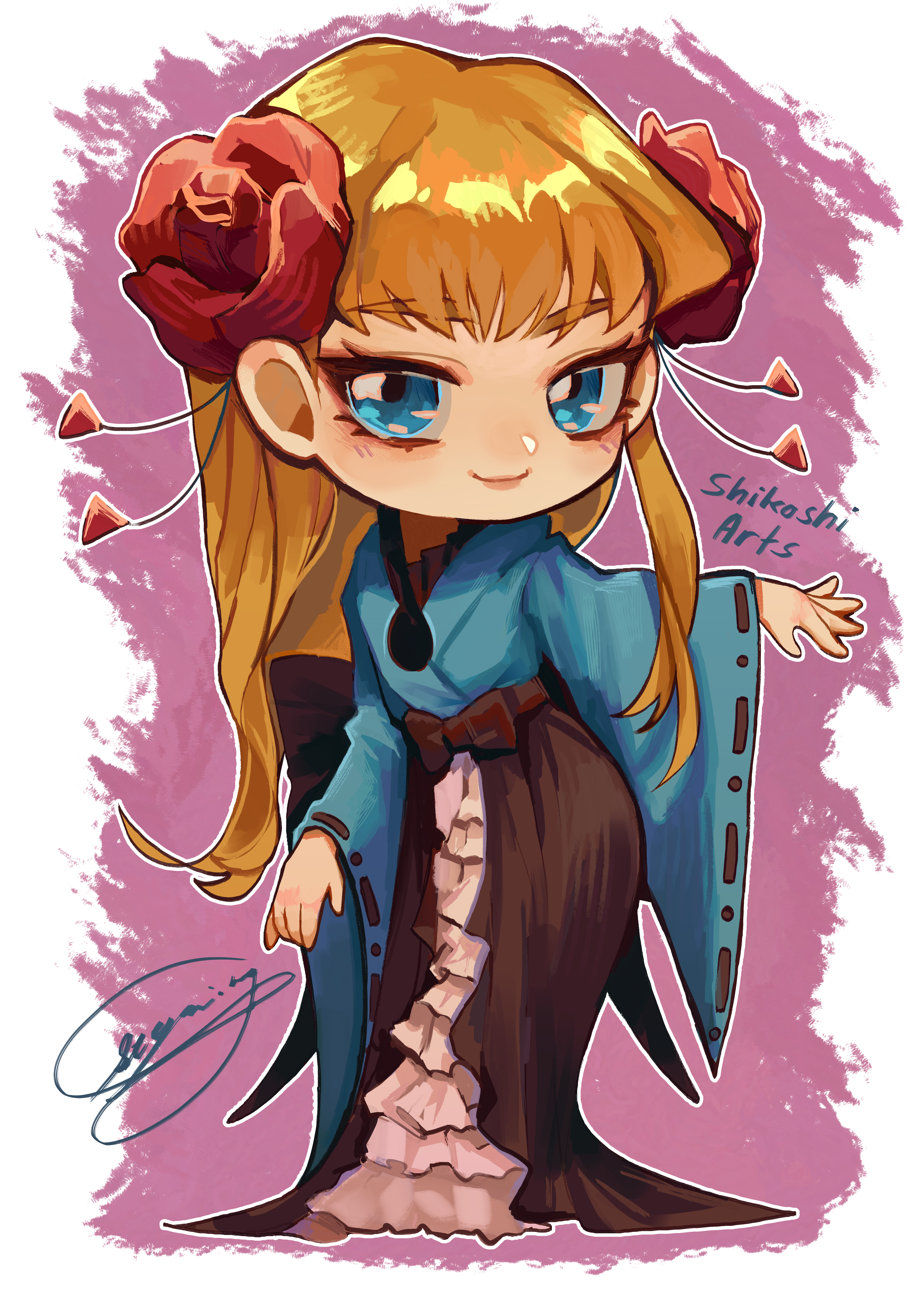 Colored chibi fullbody sketch of Gundam Wing Relena in Aoi's kannagi outfit.